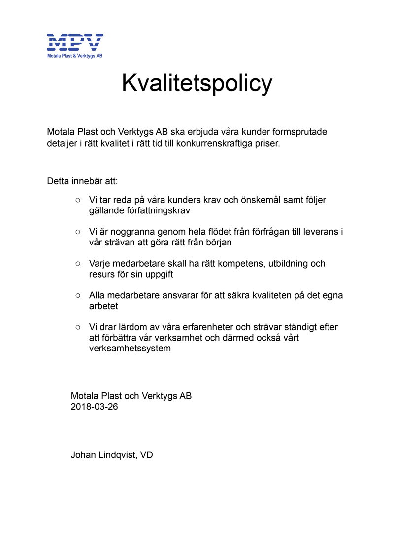 Kvalité Och Service Motala Plast And Verktygs Ab 